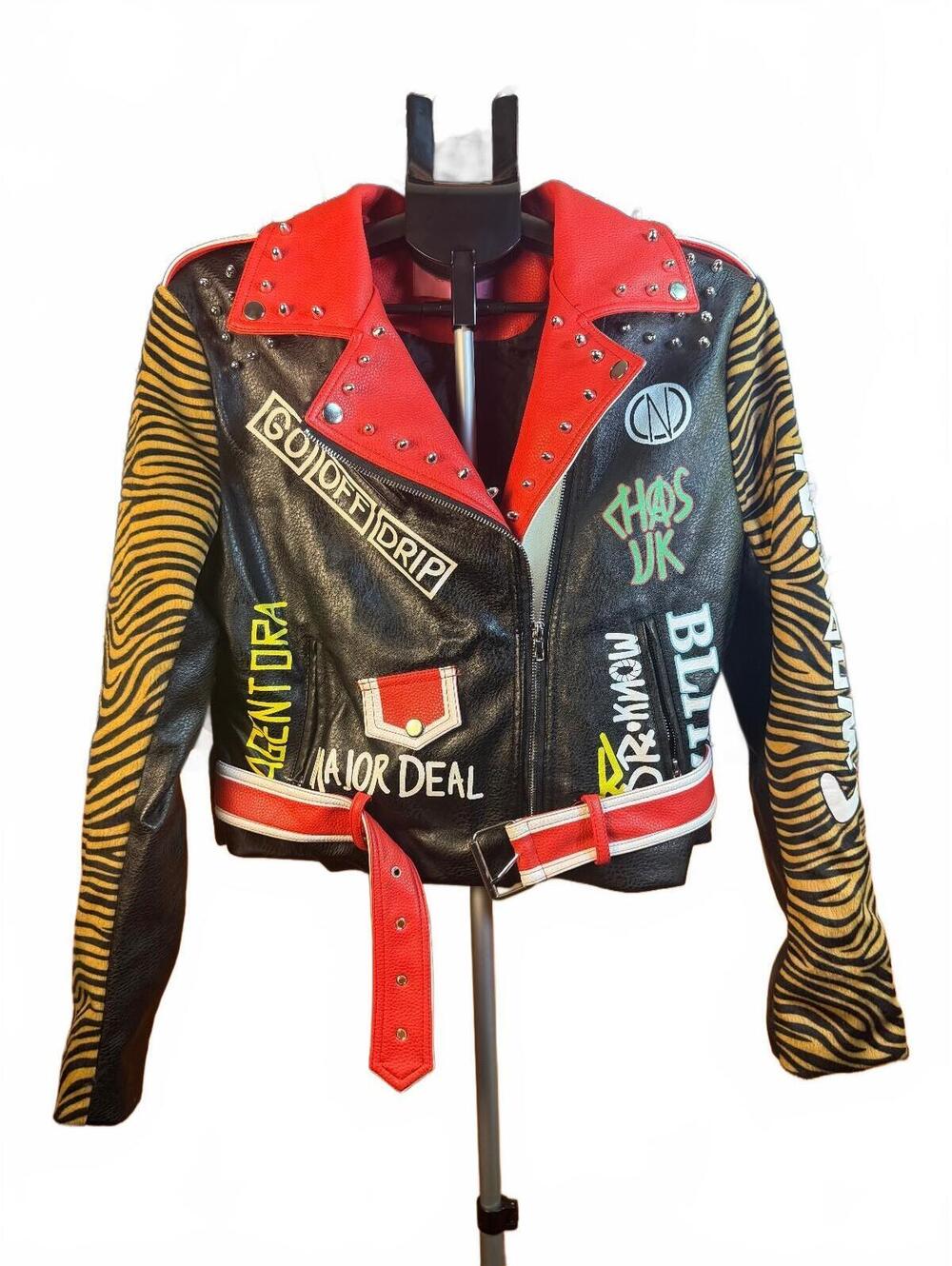 Azalea Wang sz L Punk rock studded faux Leather Jacket with tiger stripe sleeves